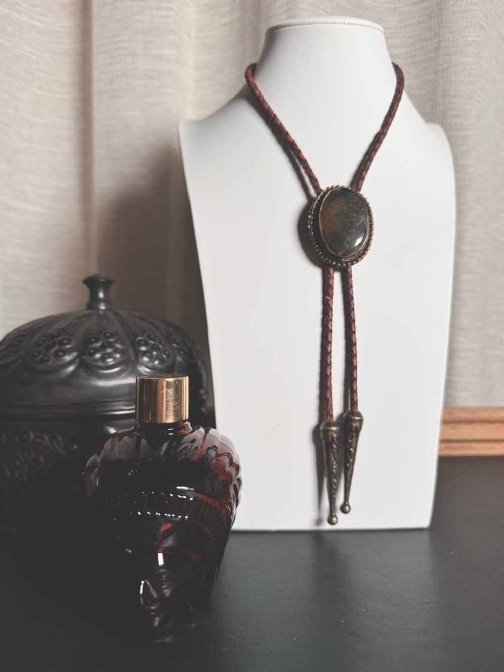 Reclaimed Vintage Stone Bolo Tie Brown Braided Leather Western